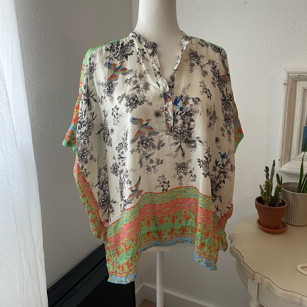 Johnny Was Multicolor Floral and Bird Print Top Small
